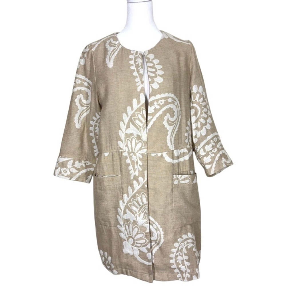 Chico's Women's Jacket 0 SM Tan Paisley Linen Blend Open Front Topper Cardigan